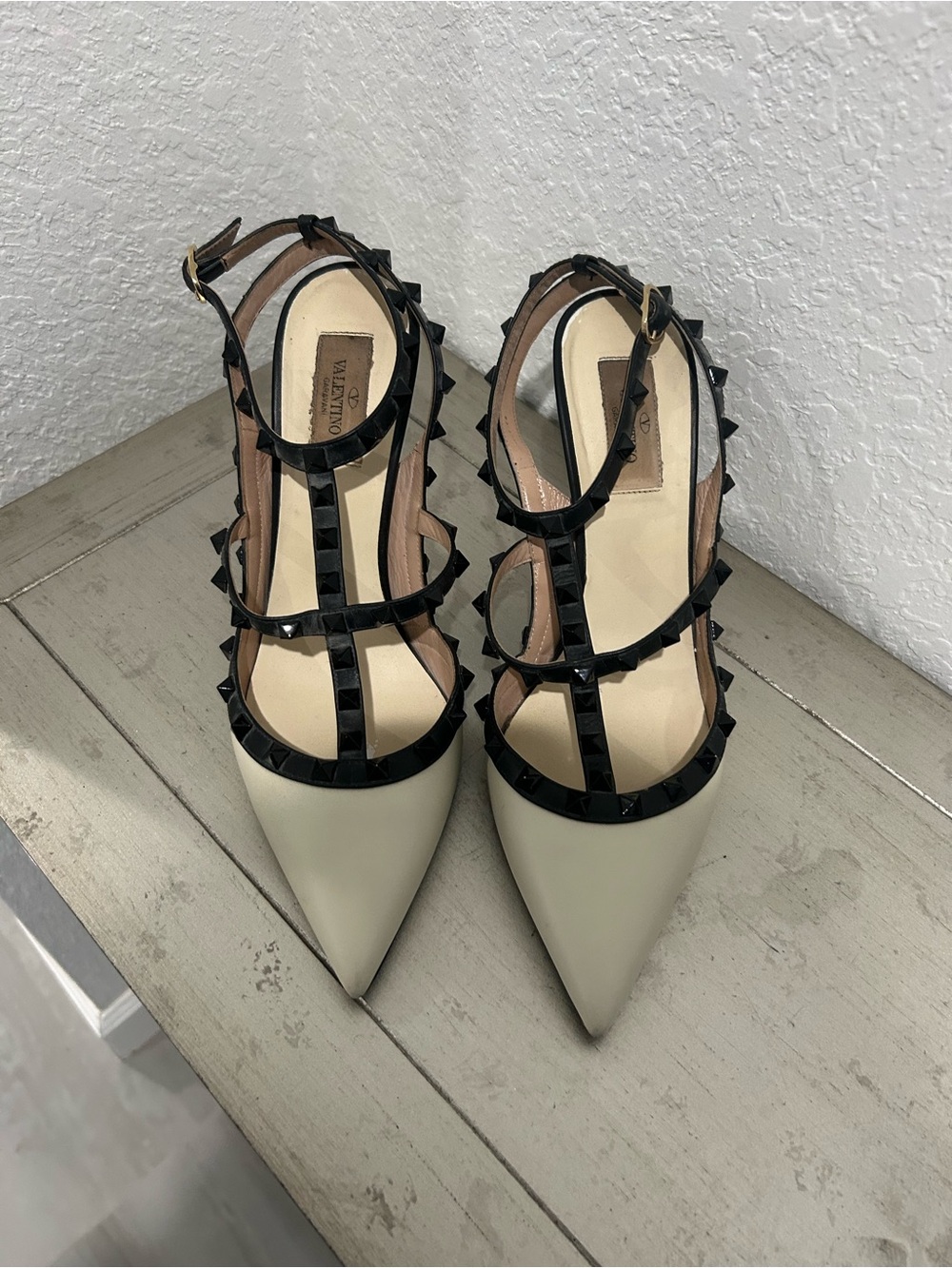 Valentino Ivory Pointed Rockstud T-Strap Pumps with Black Trim
